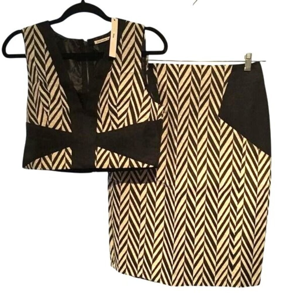 Mustard Seed Skirt Set Back Zip Crop Top Back Slit Black/White Size L NWT